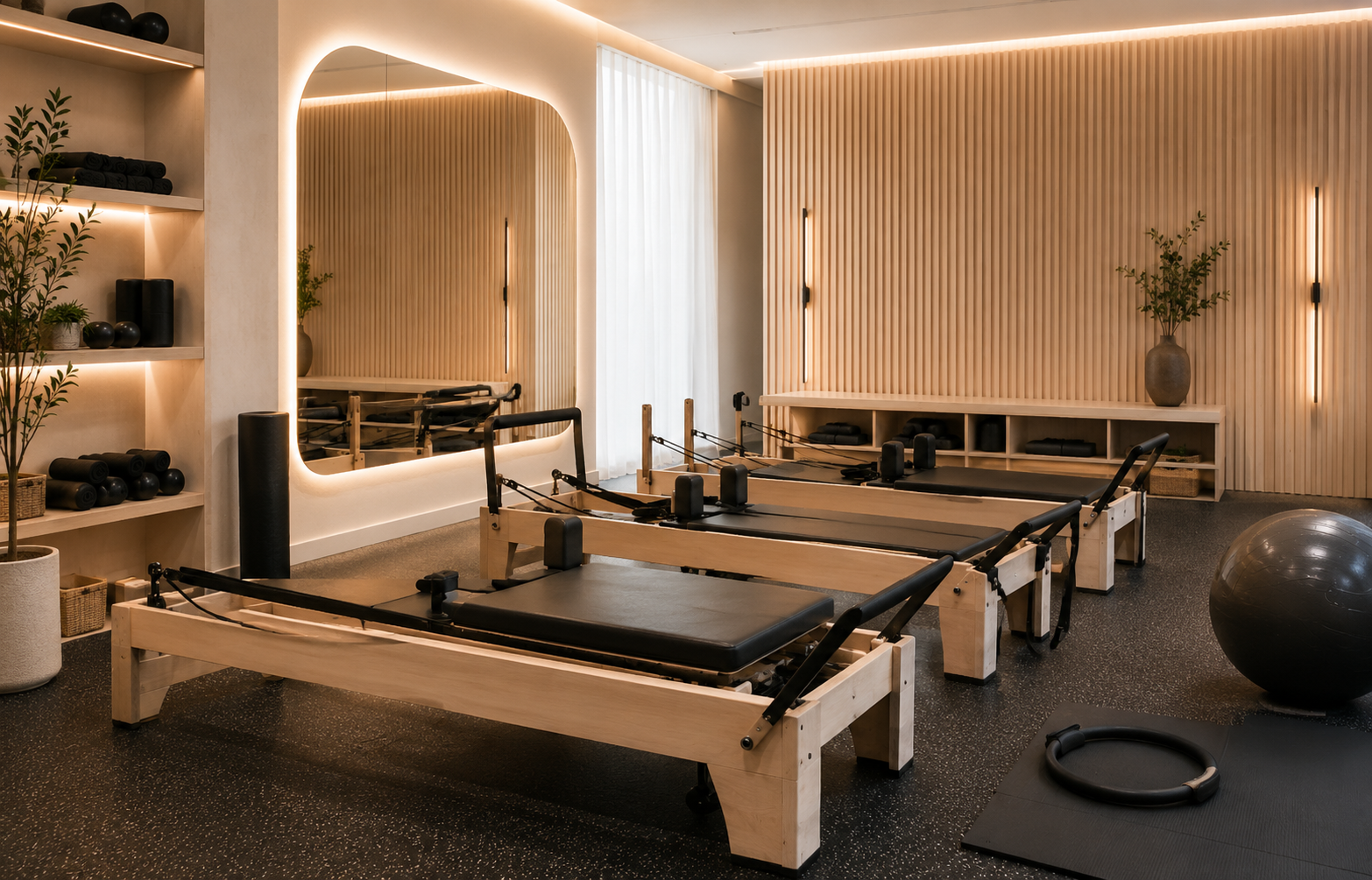 Estúdio de Pilates com reformers e acessórios de wellness